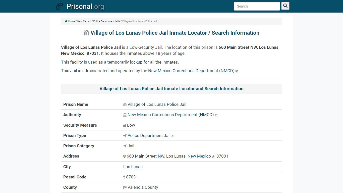 Village of Los Lunas Police Jail-Inmate Locator/Search ...